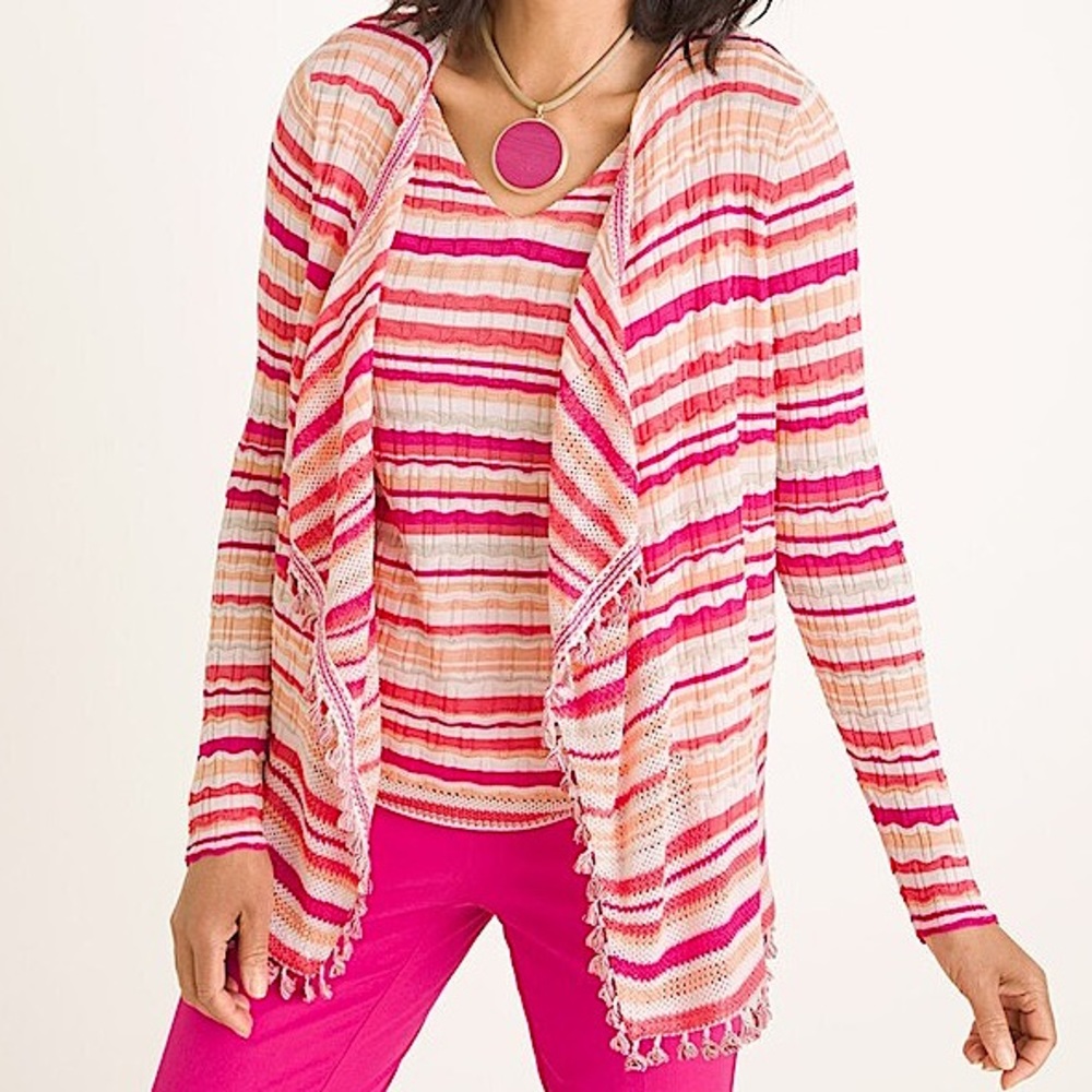 Chico's Pink Striped Open-Front Cardigan